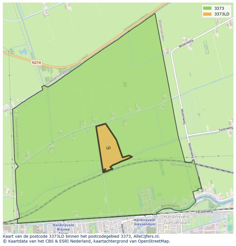 Afbeelding van het postcodegebied 3373 LD op de kaart.