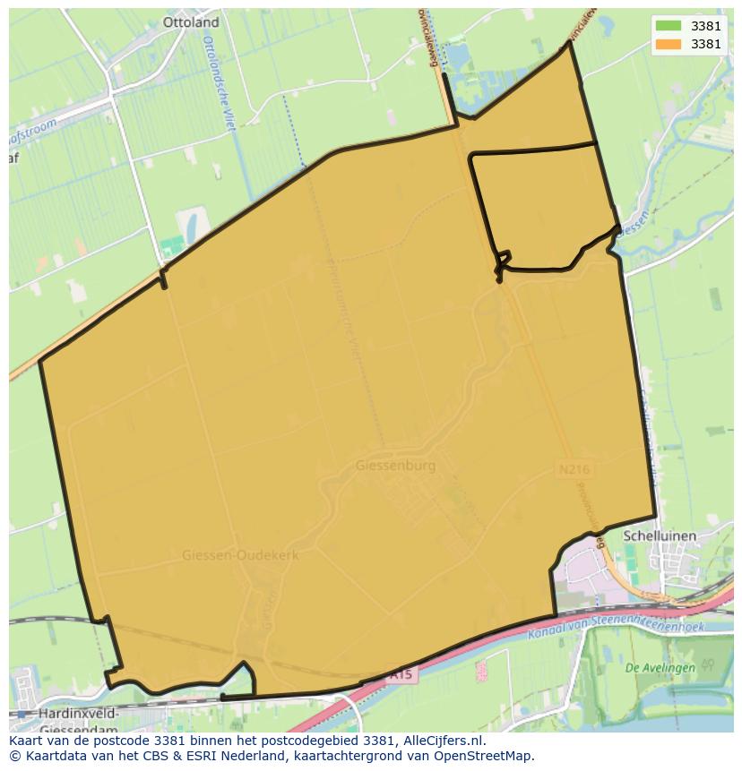 Afbeelding van het postcodegebied 3381 op de kaart.