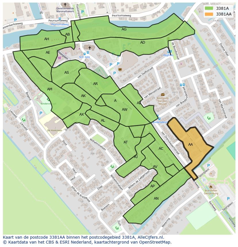 Afbeelding van het postcodegebied 3381 AA op de kaart.