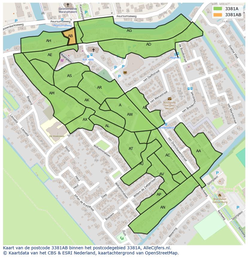Afbeelding van het postcodegebied 3381 AB op de kaart.