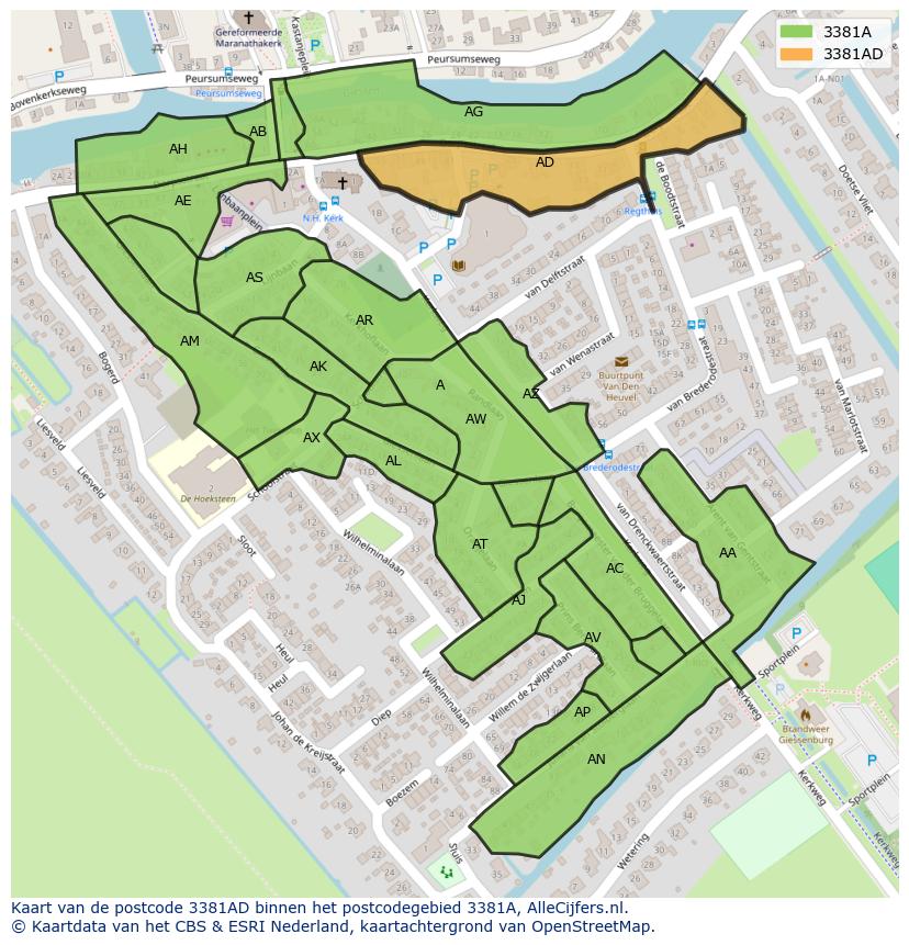 Afbeelding van het postcodegebied 3381 AD op de kaart.