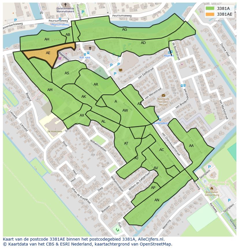 Afbeelding van het postcodegebied 3381 AE op de kaart.