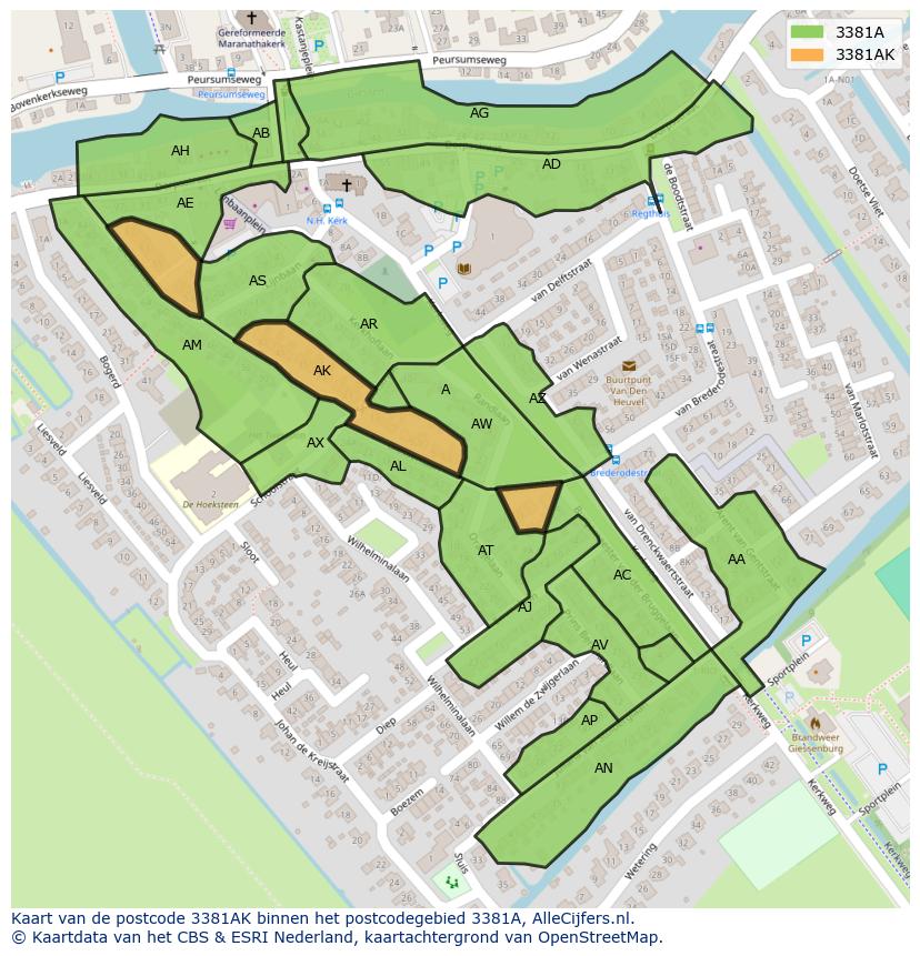 Afbeelding van het postcodegebied 3381 AK op de kaart.
