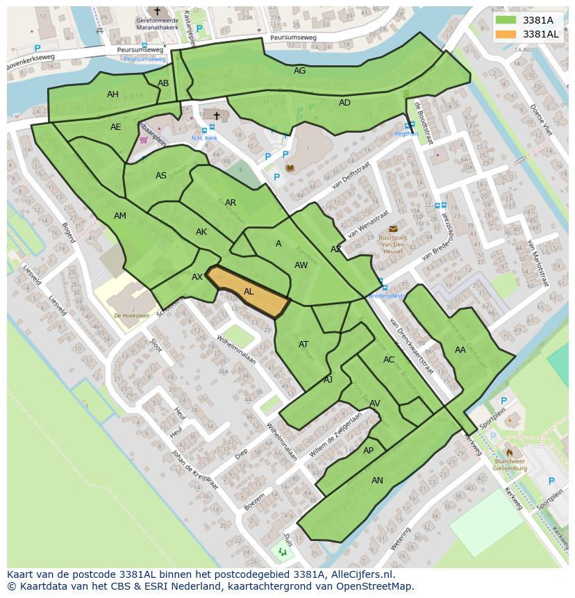 Afbeelding van het postcodegebied 3381 AL op de kaart.