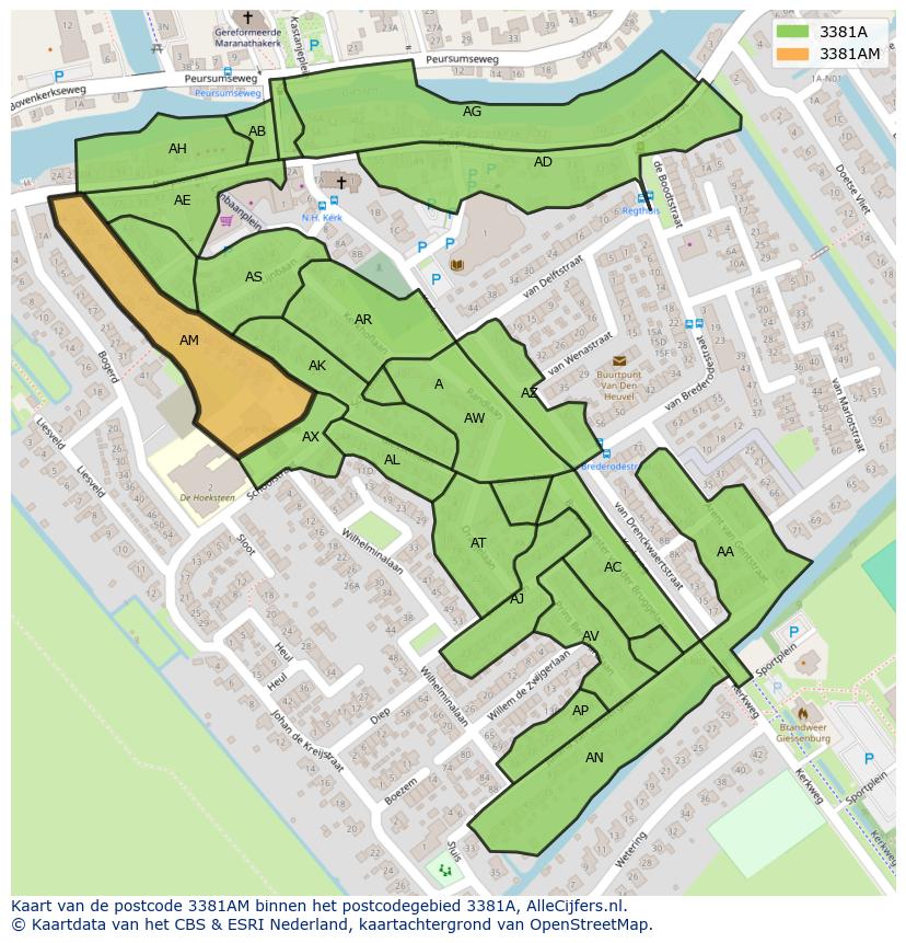 Afbeelding van het postcodegebied 3381 AM op de kaart.