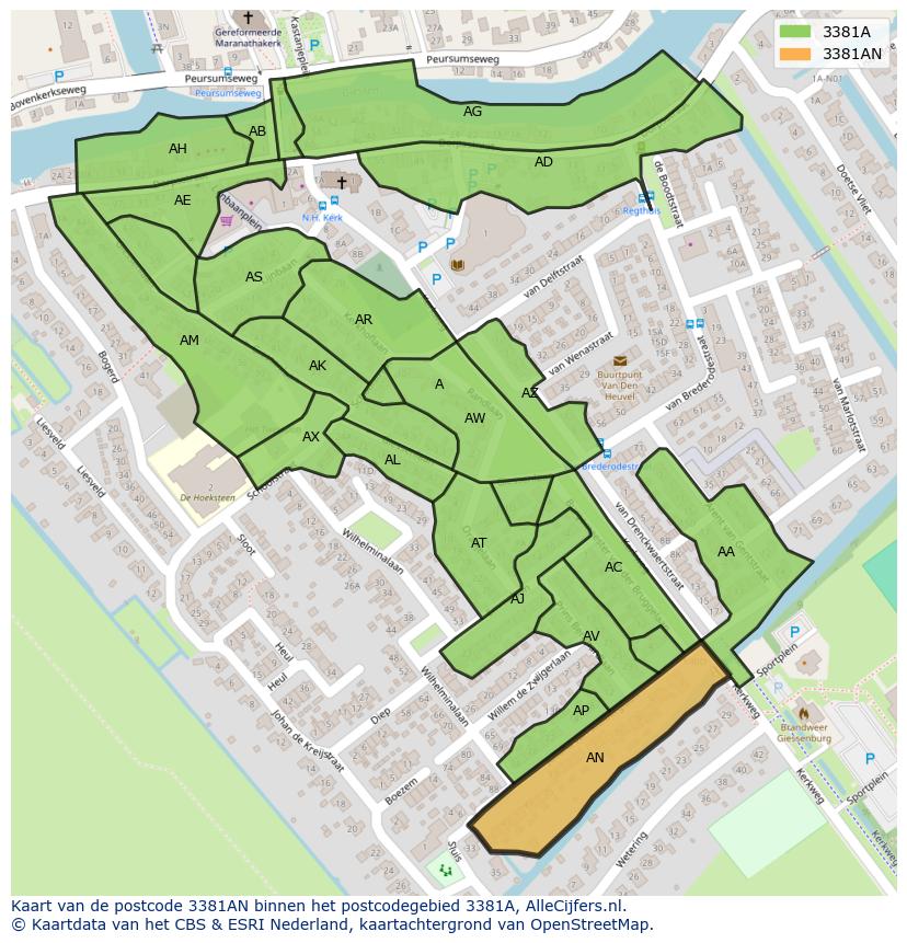 Afbeelding van het postcodegebied 3381 AN op de kaart.
