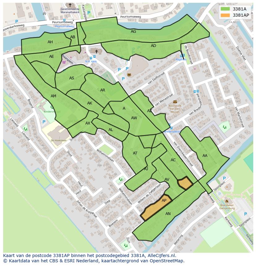Afbeelding van het postcodegebied 3381 AP op de kaart.