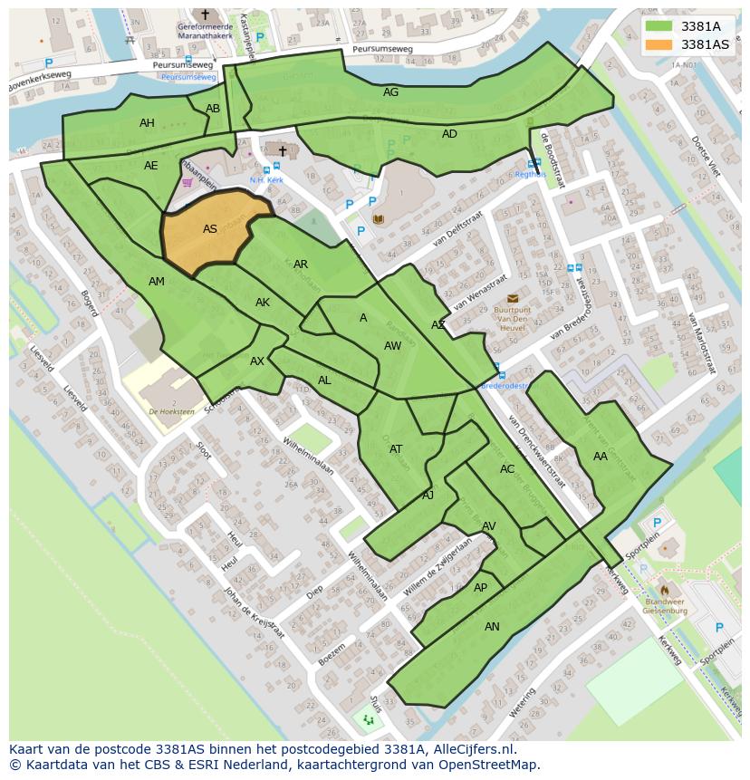 Afbeelding van het postcodegebied 3381 AS op de kaart.