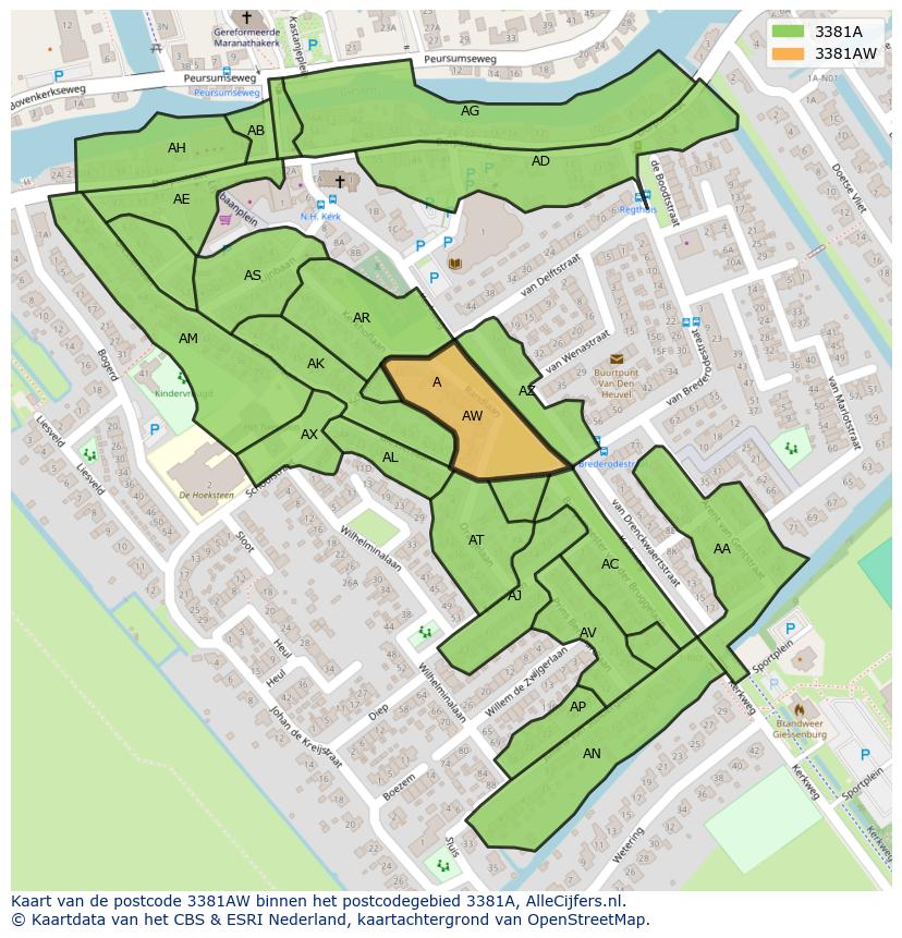 Afbeelding van het postcodegebied 3381 AW op de kaart.