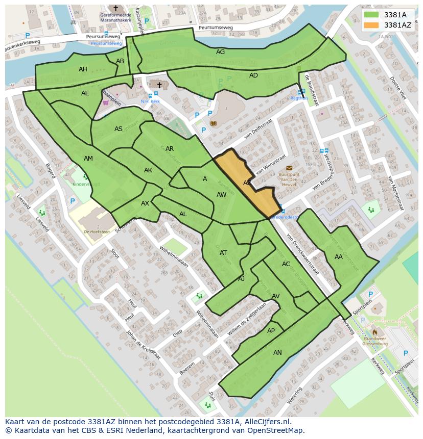 Afbeelding van het postcodegebied 3381 AZ op de kaart.