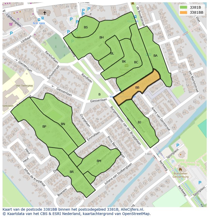 Afbeelding van het postcodegebied 3381 BB op de kaart.