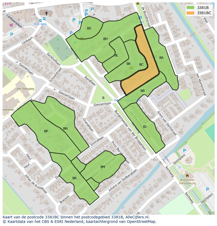 Afbeelding van het postcodegebied 3381 BC op de kaart.