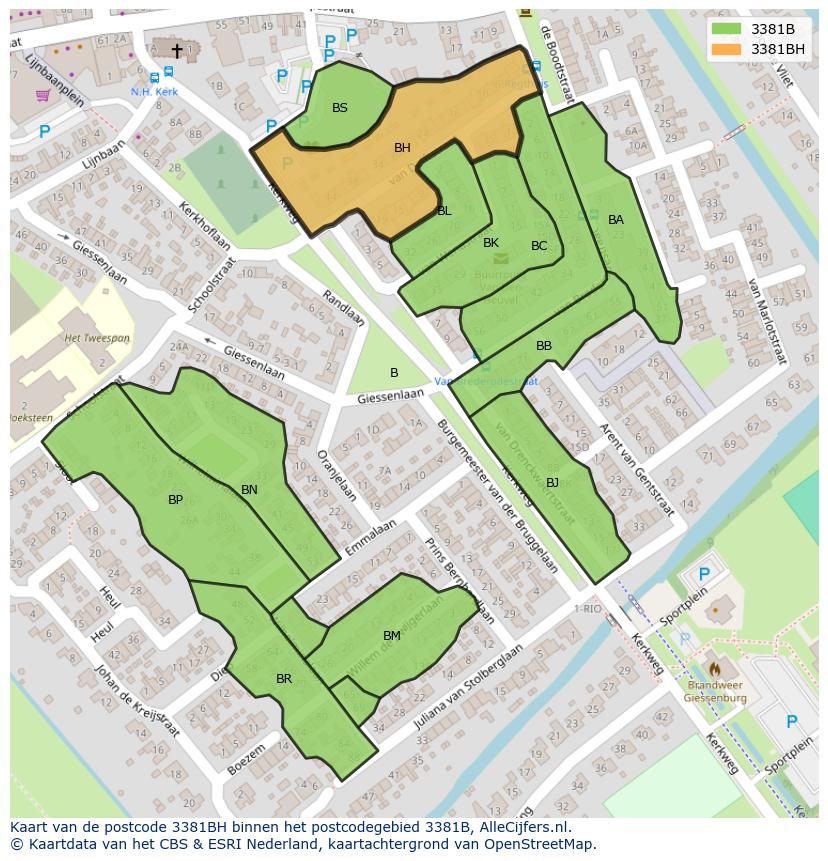 Afbeelding van het postcodegebied 3381 BH op de kaart.