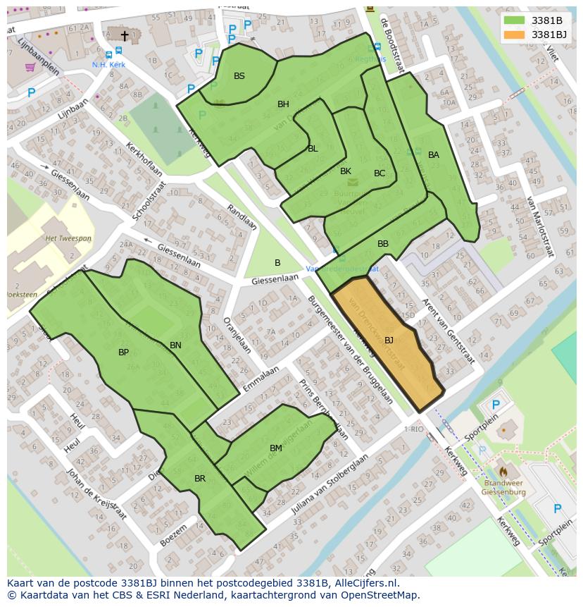 Afbeelding van het postcodegebied 3381 BJ op de kaart.