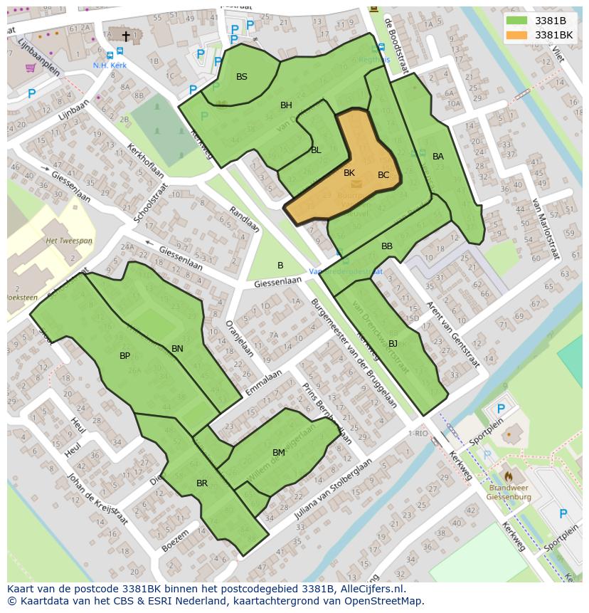 Afbeelding van het postcodegebied 3381 BK op de kaart.