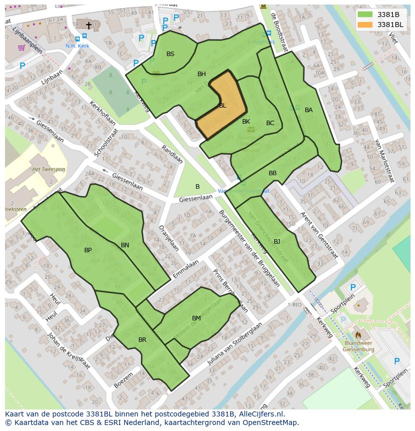 Afbeelding van het postcodegebied 3381 BL op de kaart.