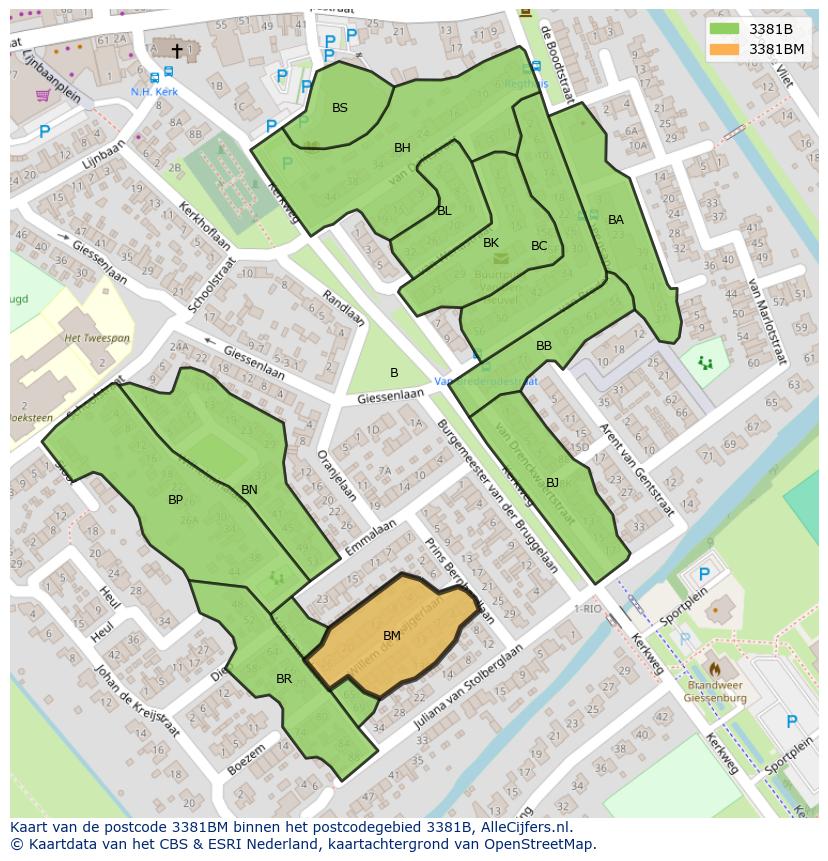 Afbeelding van het postcodegebied 3381 BM op de kaart.