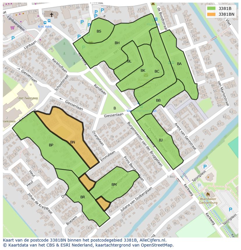 Afbeelding van het postcodegebied 3381 BN op de kaart.
