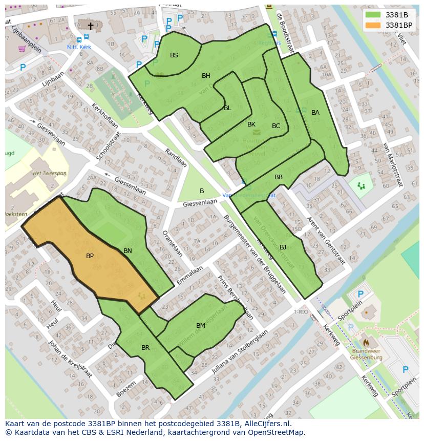 Afbeelding van het postcodegebied 3381 BP op de kaart.