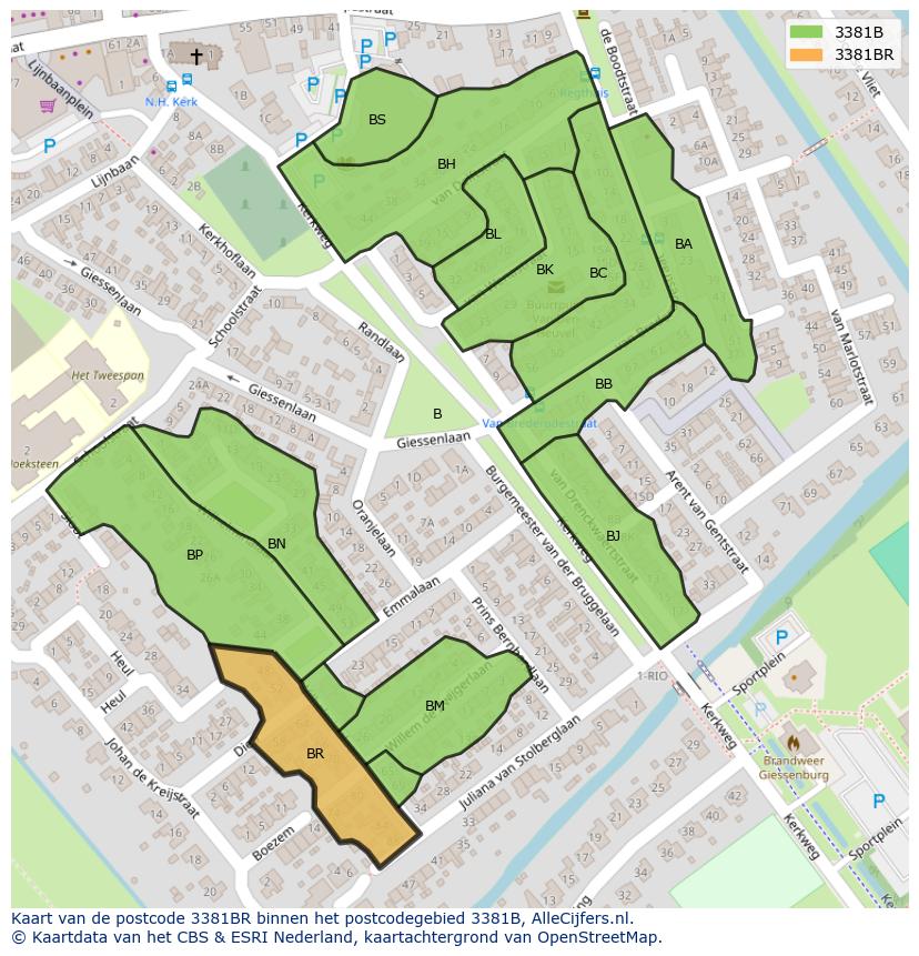 Afbeelding van het postcodegebied 3381 BR op de kaart.