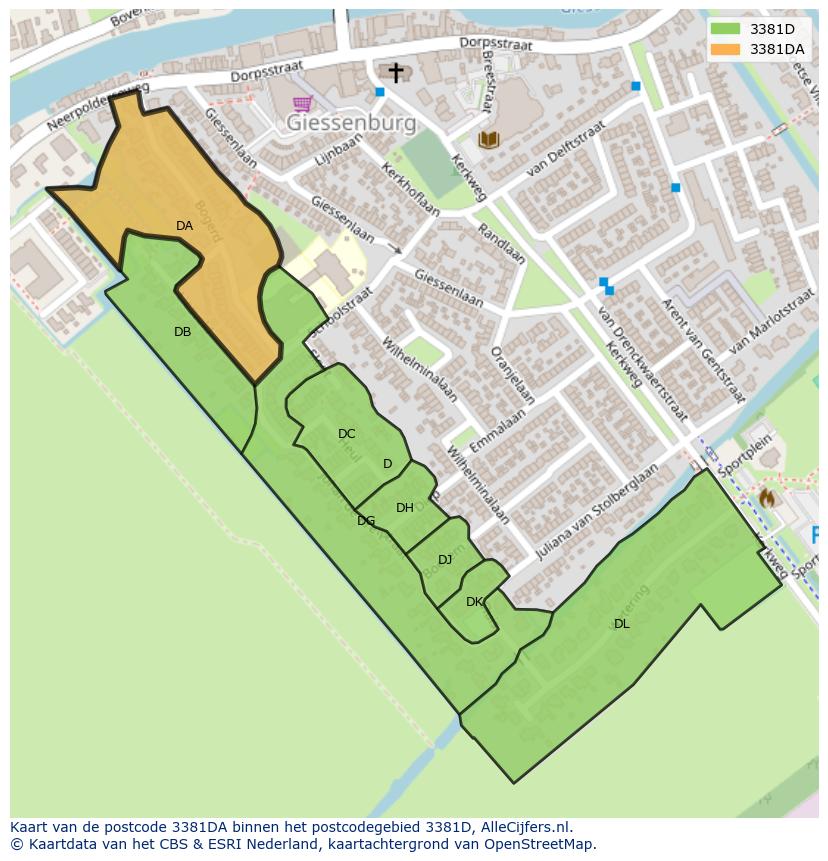 Afbeelding van het postcodegebied 3381 DA op de kaart.