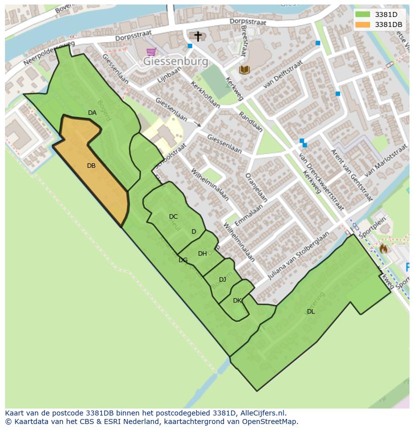 Afbeelding van het postcodegebied 3381 DB op de kaart.