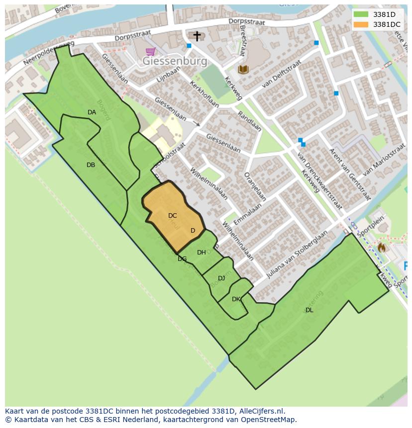 Afbeelding van het postcodegebied 3381 DC op de kaart.