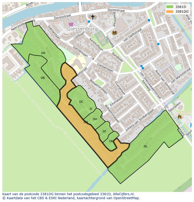Afbeelding van het postcodegebied 3381 DG op de kaart.