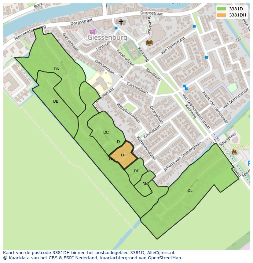 Afbeelding van het postcodegebied 3381 DH op de kaart.