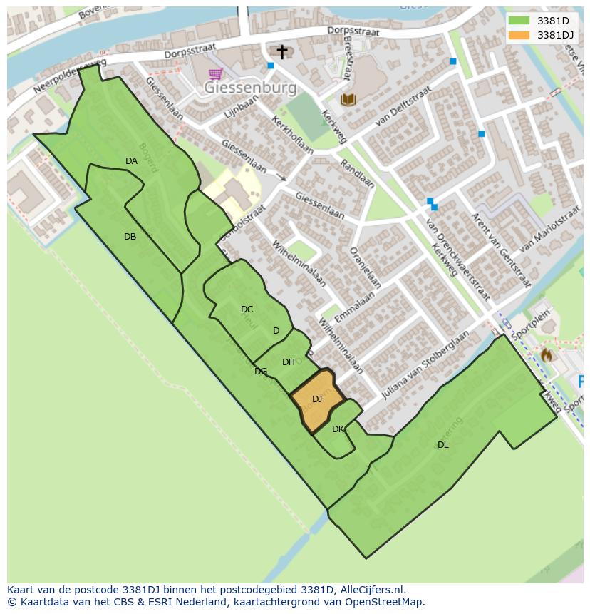 Afbeelding van het postcodegebied 3381 DJ op de kaart.