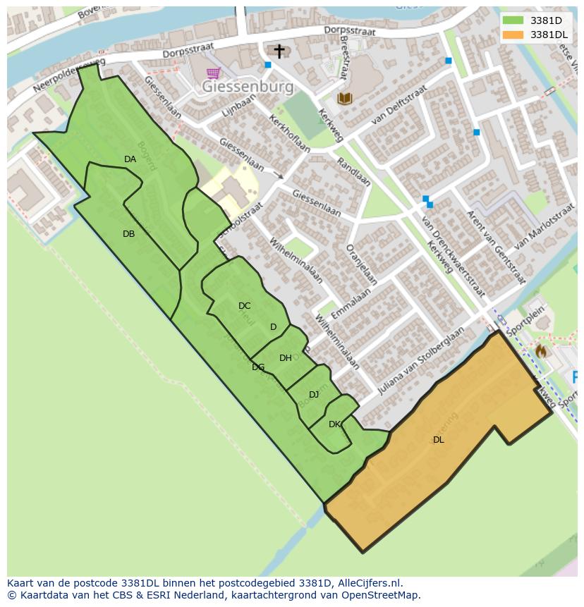 Afbeelding van het postcodegebied 3381 DL op de kaart.