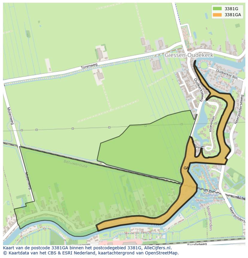 Afbeelding van het postcodegebied 3381 GA op de kaart.