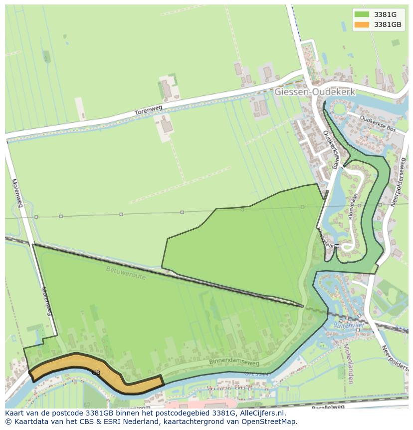 Afbeelding van het postcodegebied 3381 GB op de kaart.