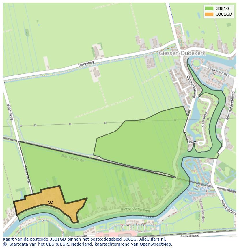 Afbeelding van het postcodegebied 3381 GD op de kaart.