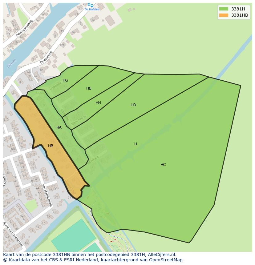 Afbeelding van het postcodegebied 3381 HB op de kaart.