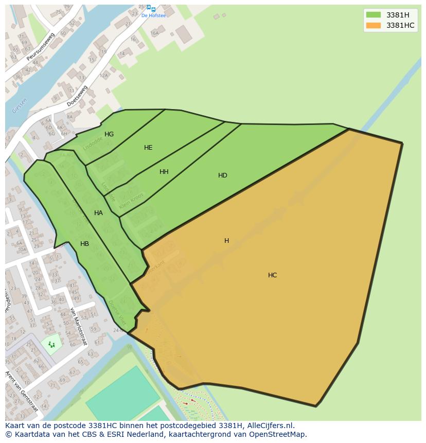 Afbeelding van het postcodegebied 3381 HC op de kaart.