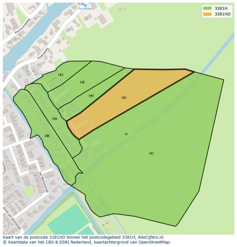 Afbeelding van het postcodegebied 3381 HD op de kaart.