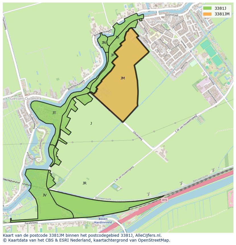 Afbeelding van het postcodegebied 3381 JM op de kaart.