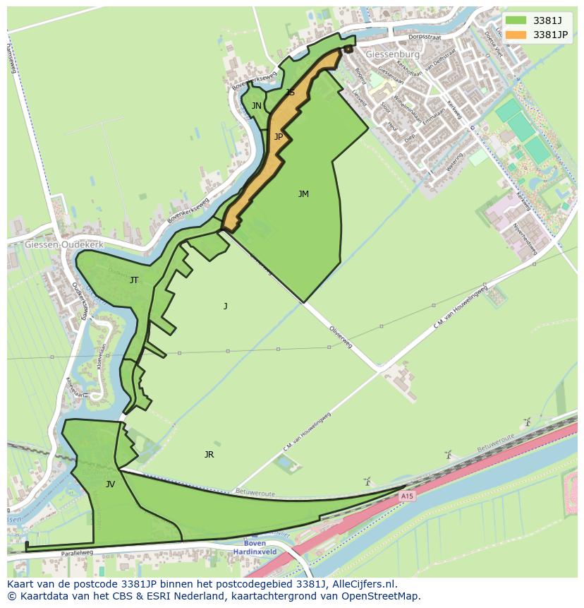 Afbeelding van het postcodegebied 3381 JP op de kaart.