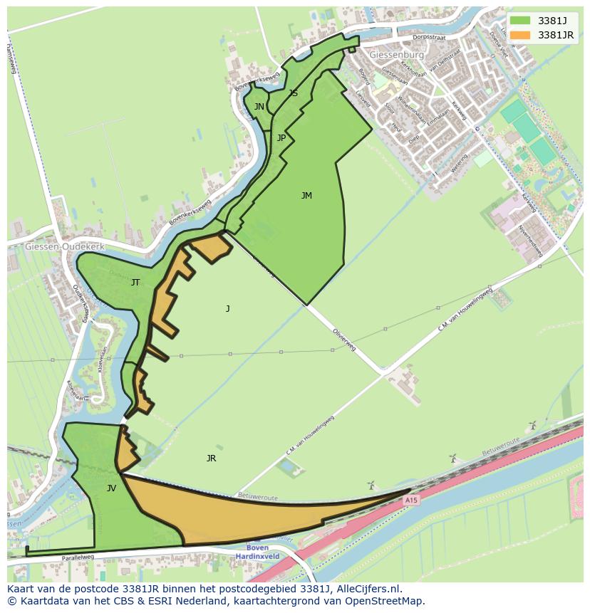 Afbeelding van het postcodegebied 3381 JR op de kaart.