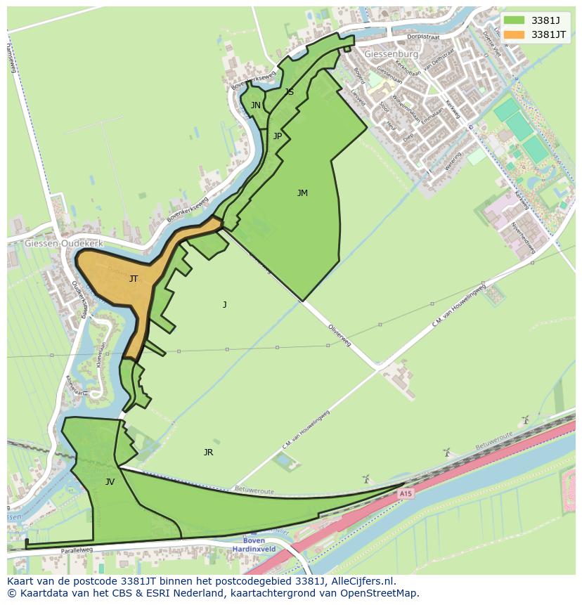 Afbeelding van het postcodegebied 3381 JT op de kaart.