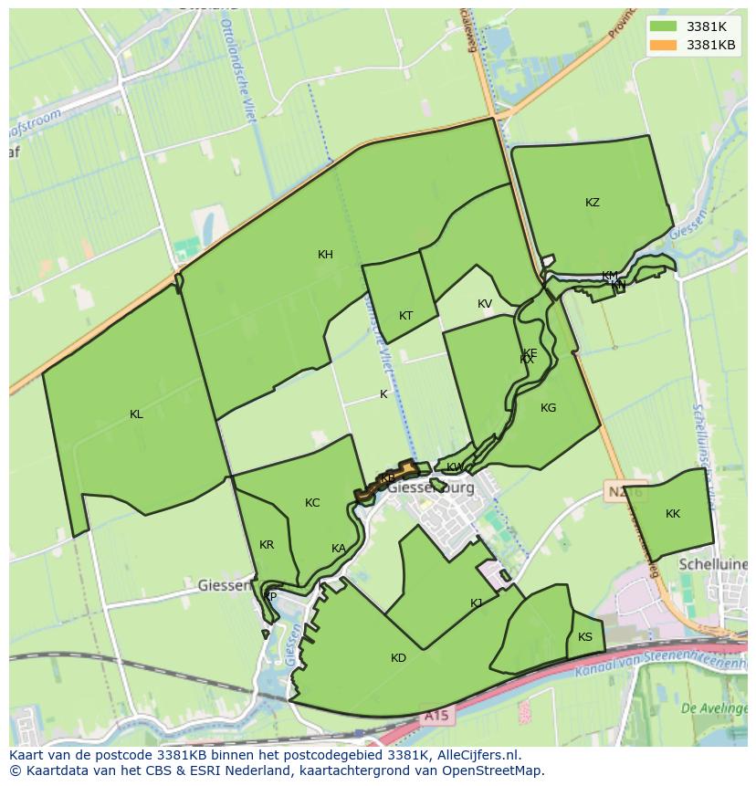 Afbeelding van het postcodegebied 3381 KB op de kaart.