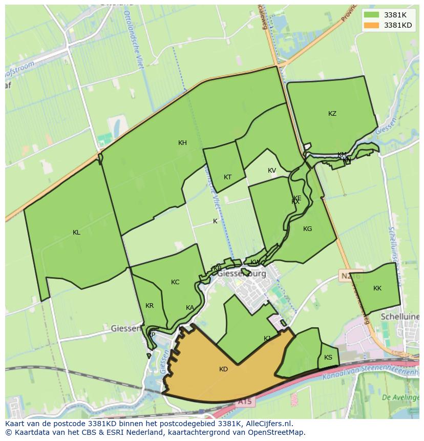 Afbeelding van het postcodegebied 3381 KD op de kaart.