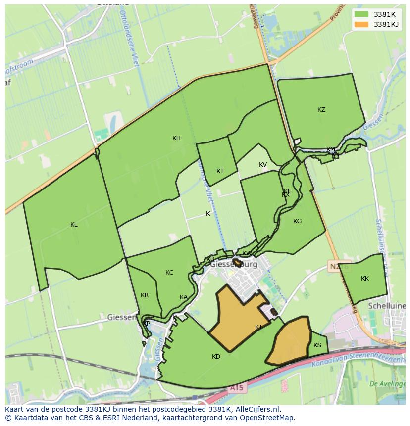 Afbeelding van het postcodegebied 3381 KJ op de kaart.