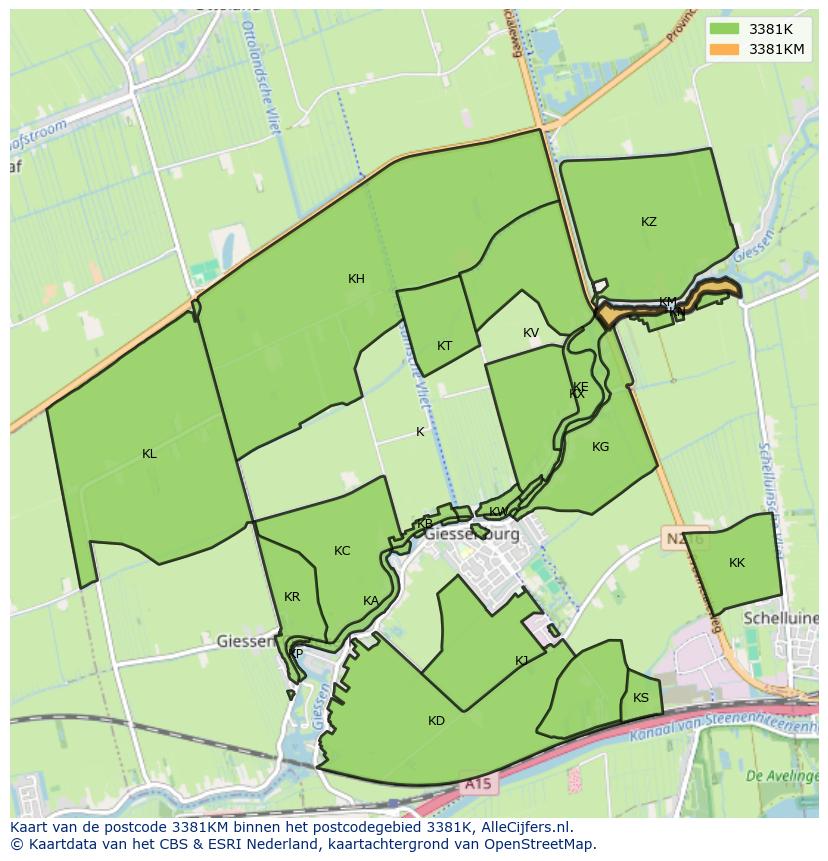 Afbeelding van het postcodegebied 3381 KM op de kaart.