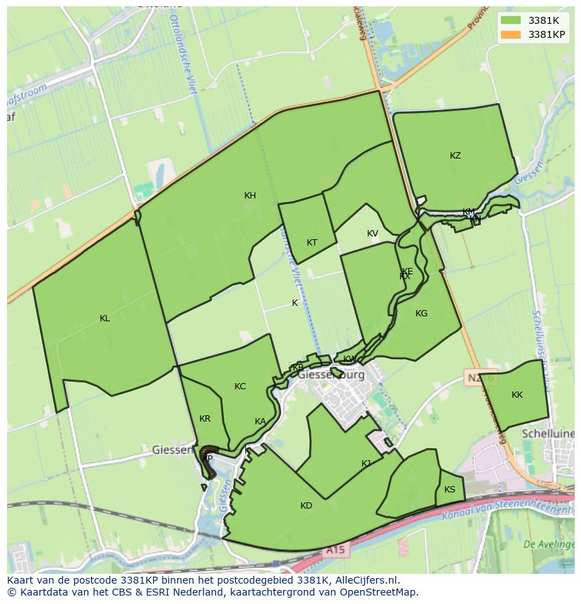 Afbeelding van het postcodegebied 3381 KP op de kaart.