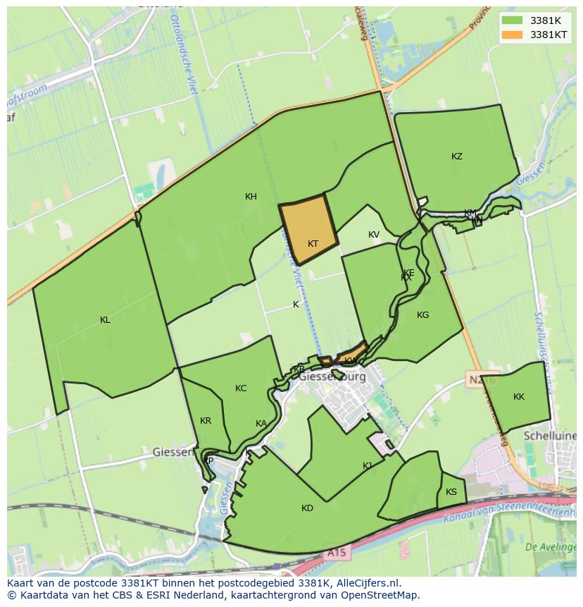Afbeelding van het postcodegebied 3381 KT op de kaart.