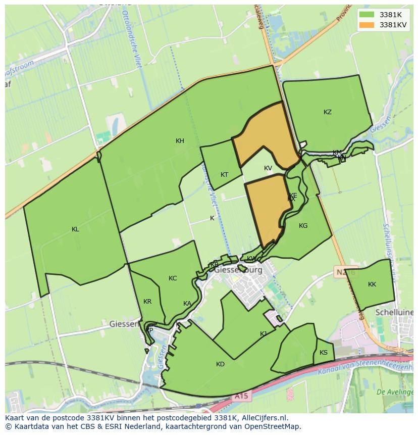 Afbeelding van het postcodegebied 3381 KV op de kaart.