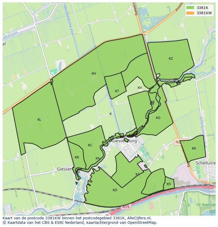 Afbeelding van het postcodegebied 3381 KW op de kaart.