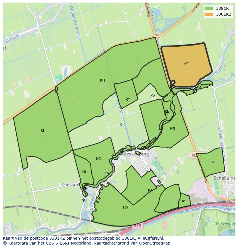 Afbeelding van het postcodegebied 3381 KZ op de kaart.